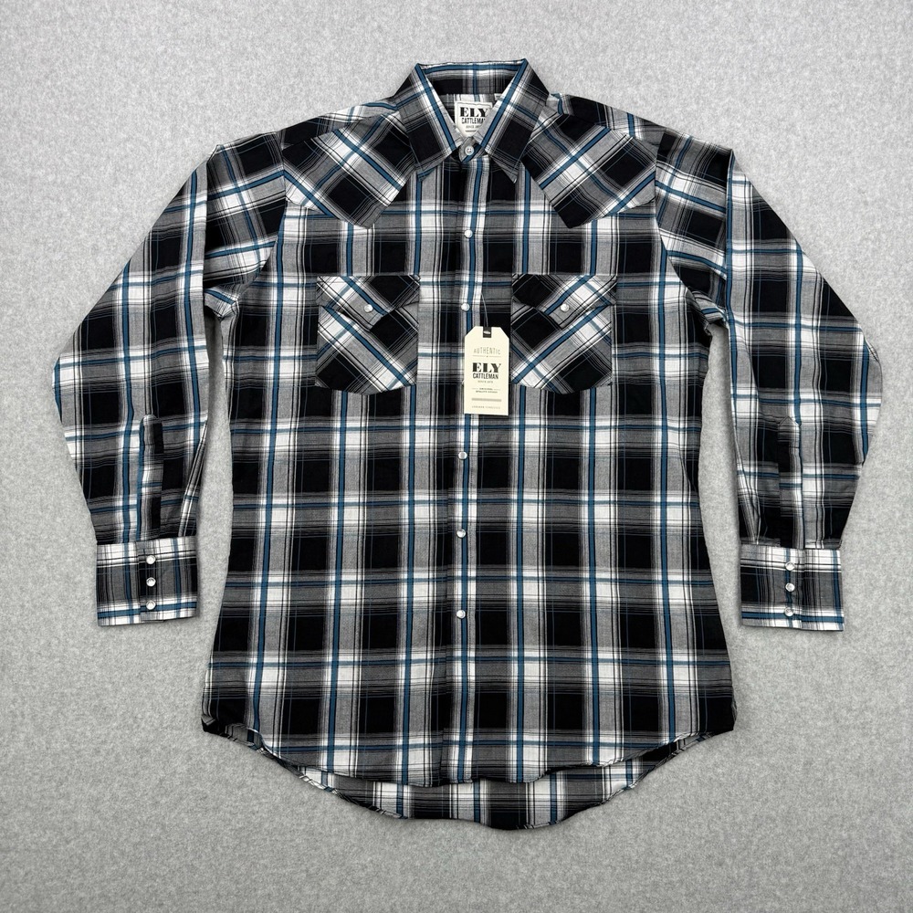 Ely Cattleman Shirt Mens Medium‎ Black Plaid Pearl Snap Western Rodeo Cowboy